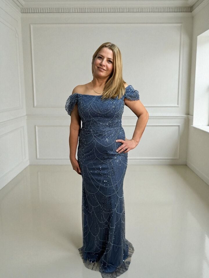 Modest Boncuk Ve Payet İşlemeli Prenses Kollu İndigo Rengi Abiye Elbise 42