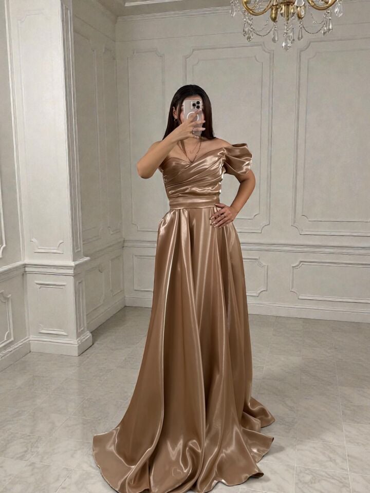 Galya Tek Kol Saten Parlak Vizon Abiye Elbise 42