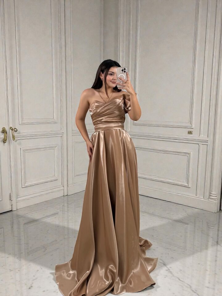 Galya Tek Kol Saten Parlak Vizon Abiye Elbise 42