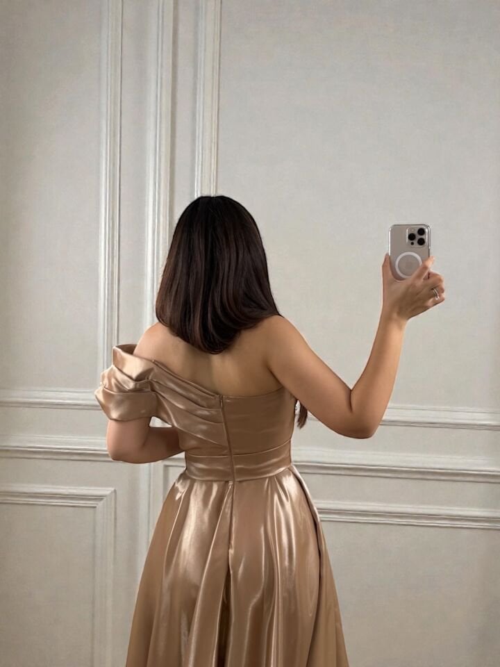 Galya Tek Kol Saten Parlak Vizon Abiye Elbise