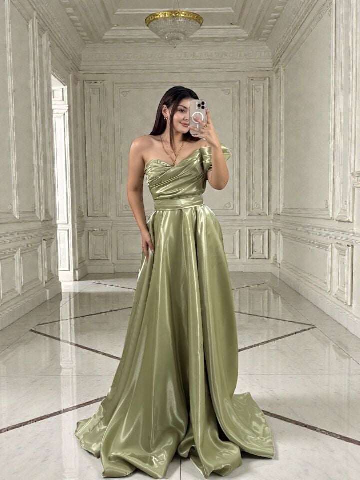 Galya Tek Kol Saten Parlak Su Yeşili Abiye Elbise 42