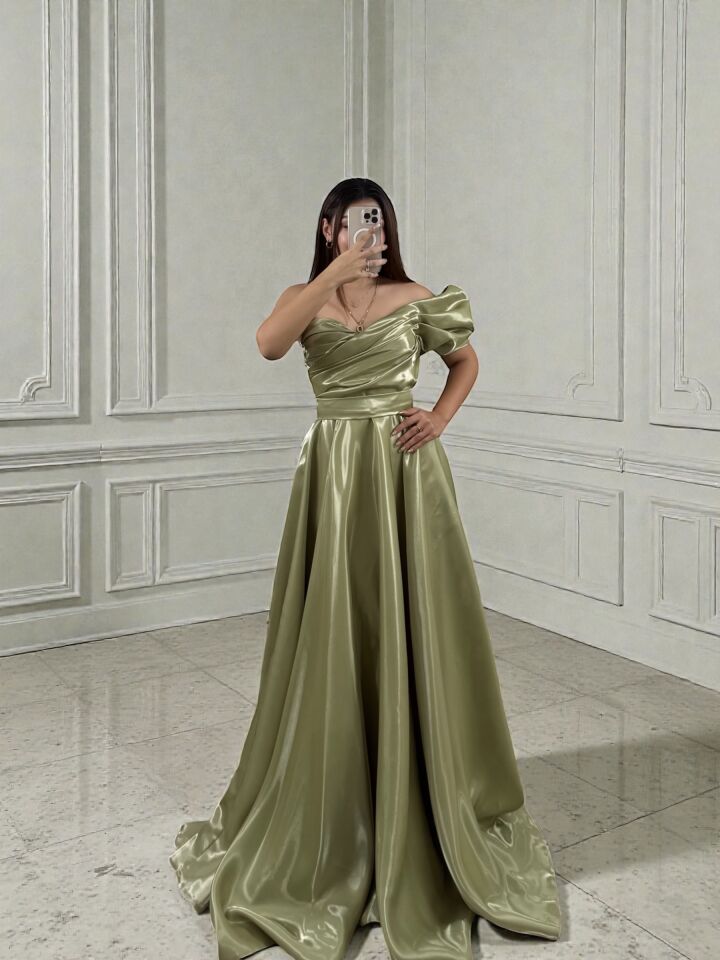 Galya Tek Kol Saten Parlak Su Yeşili Abiye Elbise 42