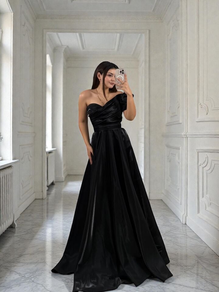 Galya Tek Kol Saten Parlak Siyah Abiye Elbise 42