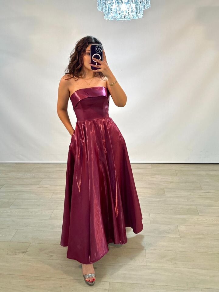 Stella Hologram Saten Straplez Bordo Renk Bilek Boy Abiye Elbise