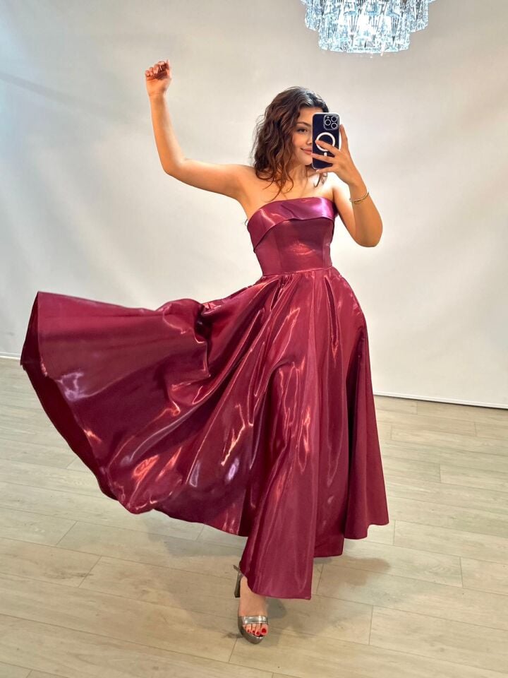 Stella Hologram Saten Straplez Bordo Renk Bilek Boy Abiye Elbise 36