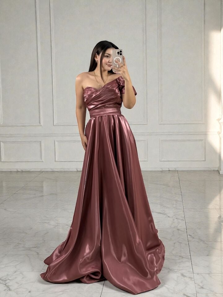 Galya Tek Kol Saten Parlak Gül Kurusu Abiye Elbise 42