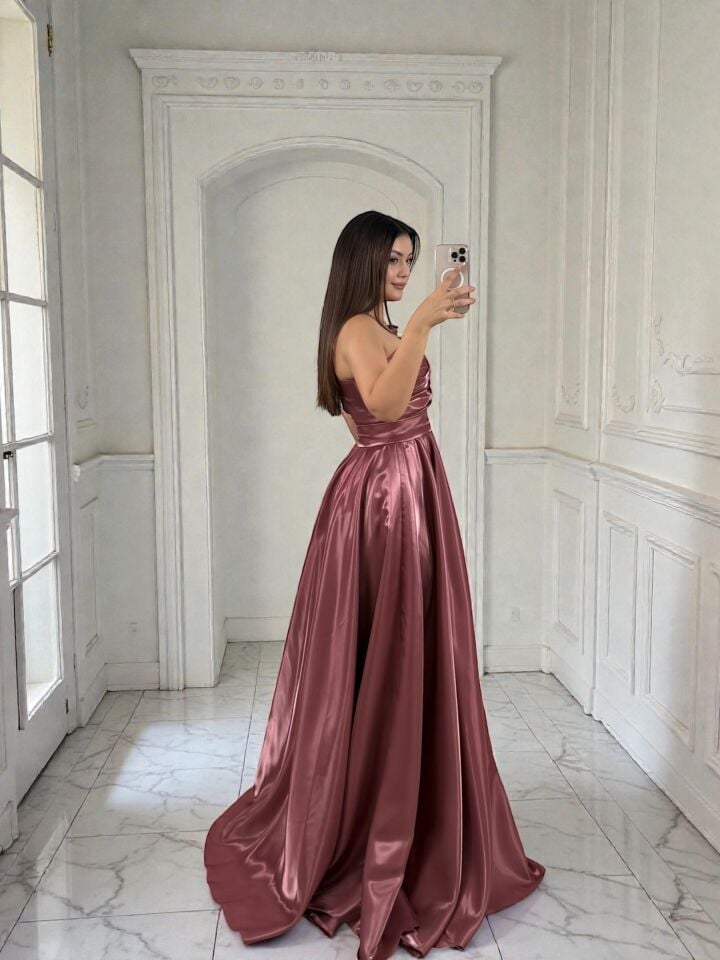 Galya Tek Kol Saten Parlak Gül Kurusu Abiye Elbise 42