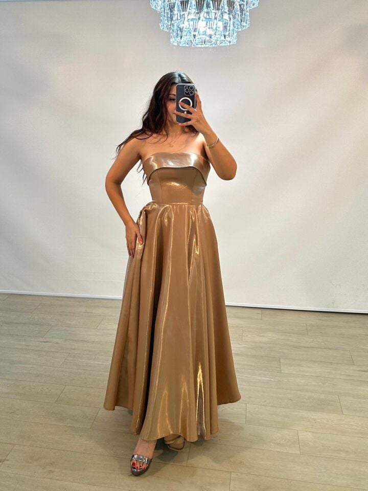 Stella Hologram Saten Straplez Bilek Boy Vizon Renk Abiye Elbise 36