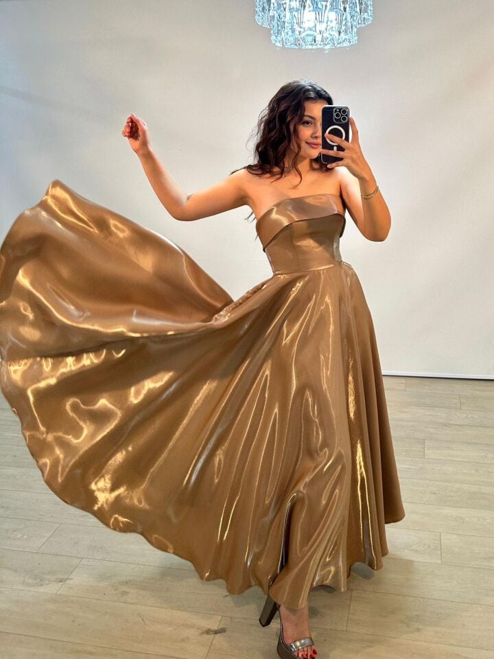 Stella Hologram Saten Straplez Bilek Boy Vizon Renk Abiye Elbise 36