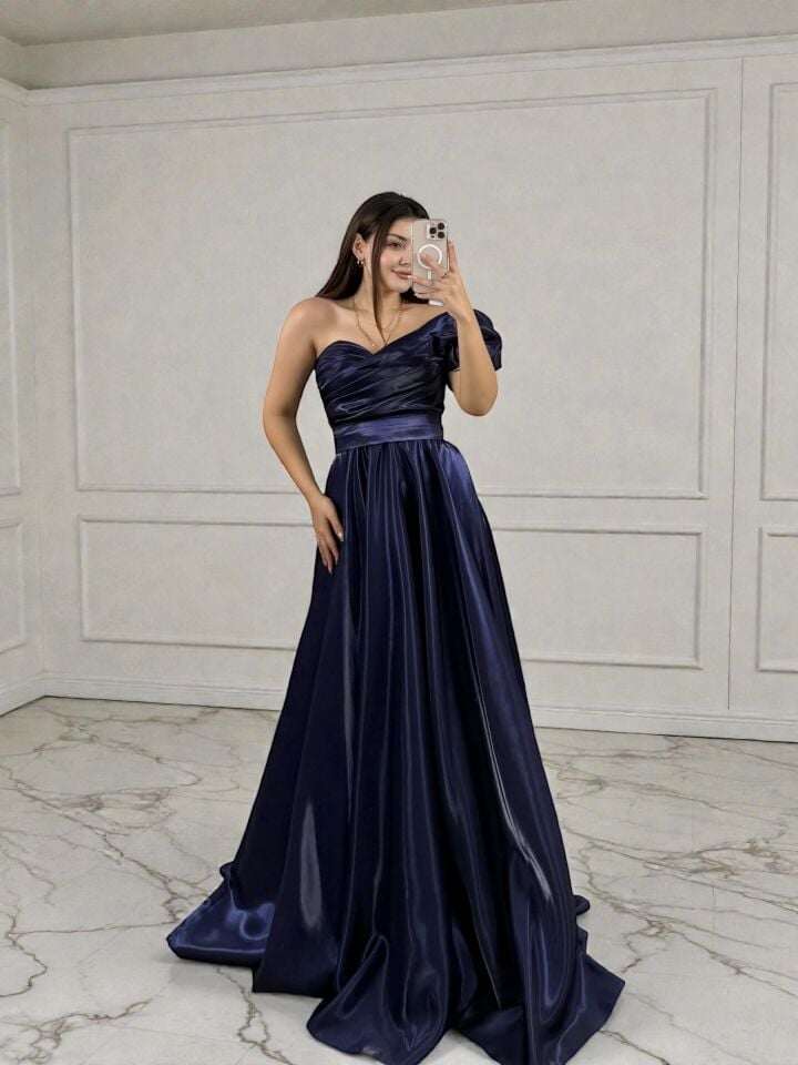 Galya Tek Kol Saten Parlak Lacivert Abiye Elbise 36