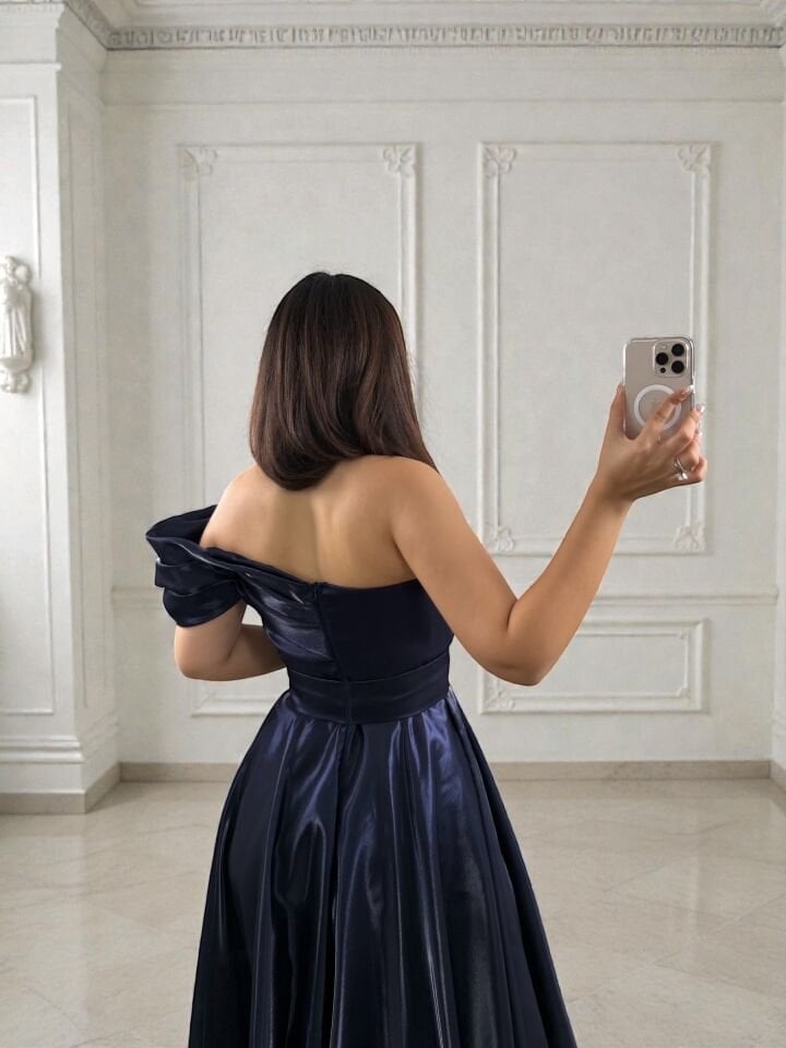 Galya Tek Kol Saten Parlak Lacivert Abiye Elbise 40