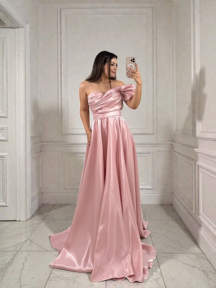 Galya Tek Kol Saten Parlak Pudra Pembe Abiye Elbise 40