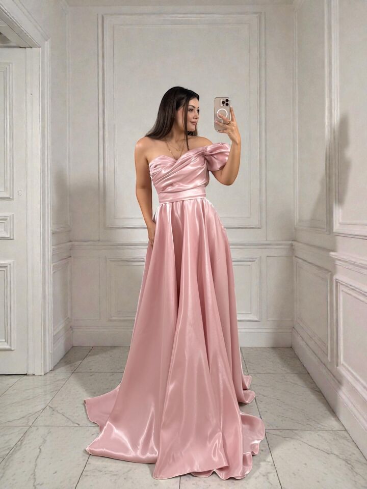 Galya Tek Kol Saten Parlak Pudra Pembe Abiye Elbise 36