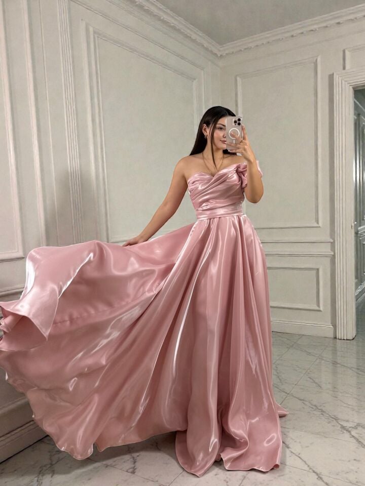 Galya Tek Kol Saten Parlak Pudra Pembe Abiye Elbise 40
