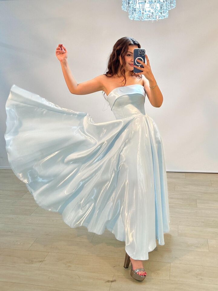 Stella Hologram Saten Straplez Bilek Boy Bebe Mavisi Renk Abiye Elbise 36