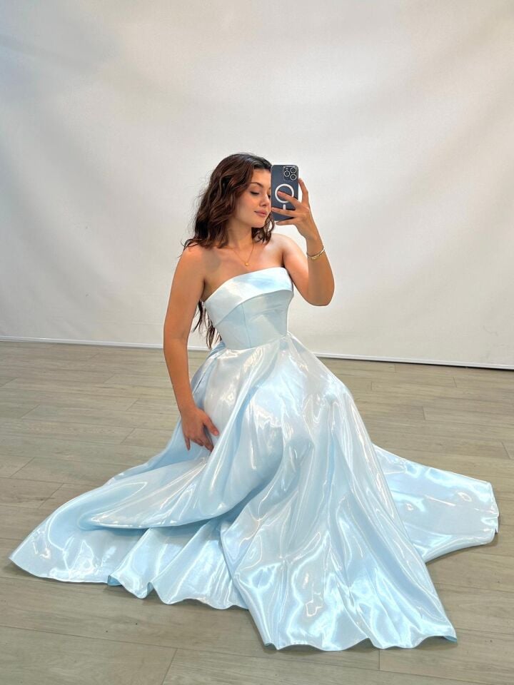 Stella Hologram Saten Straplez Bilek Boy Bebe Mavisi Renk Abiye Elbise 40