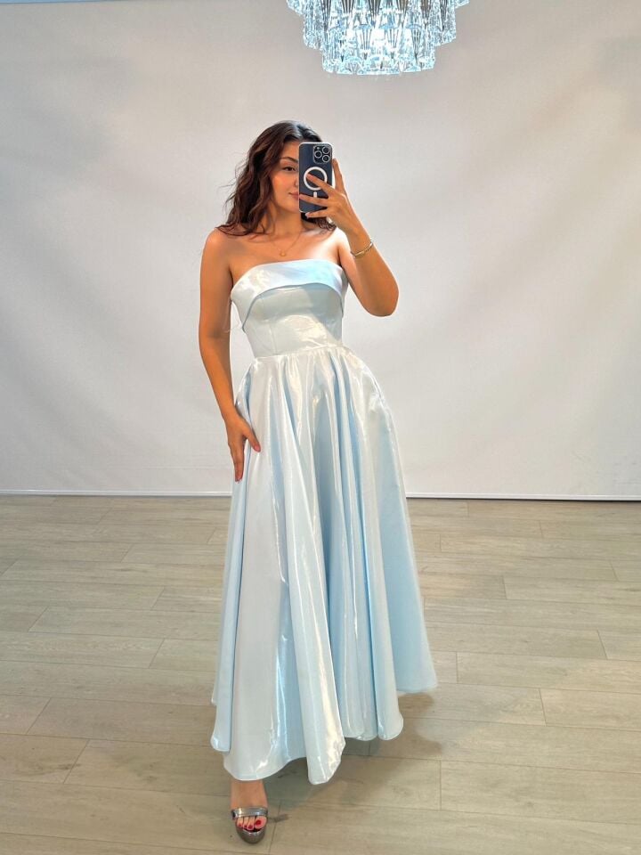 Stella Hologram Saten Straplez Bilek Boy Bebe Mavisi Renk Abiye Elbise 40