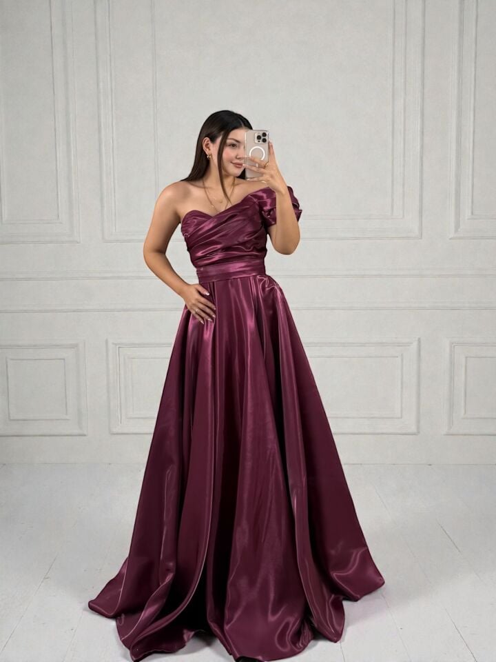 Galya Tek Kol Saten Parlak Bordo Abiye Elbise 40
