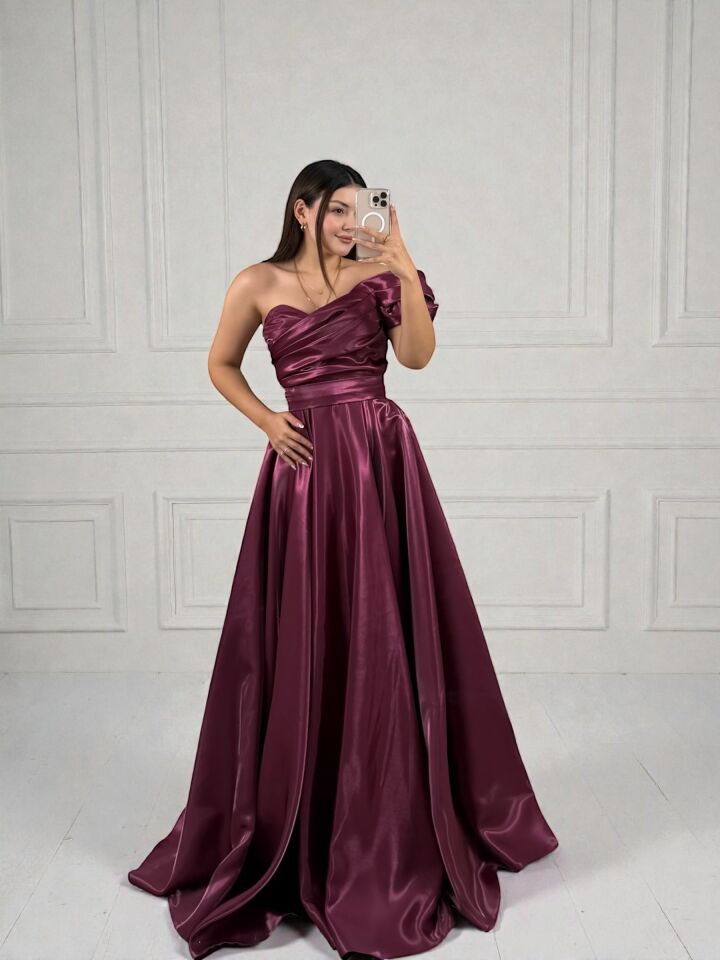 Galya Tek Kol Saten Parlak Bordo Abiye Elbise 40