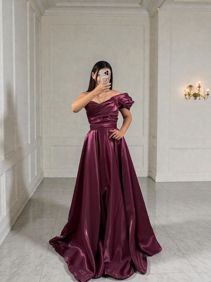 Galya Tek Kol Saten Parlak Bordo Abiye Elbise 40