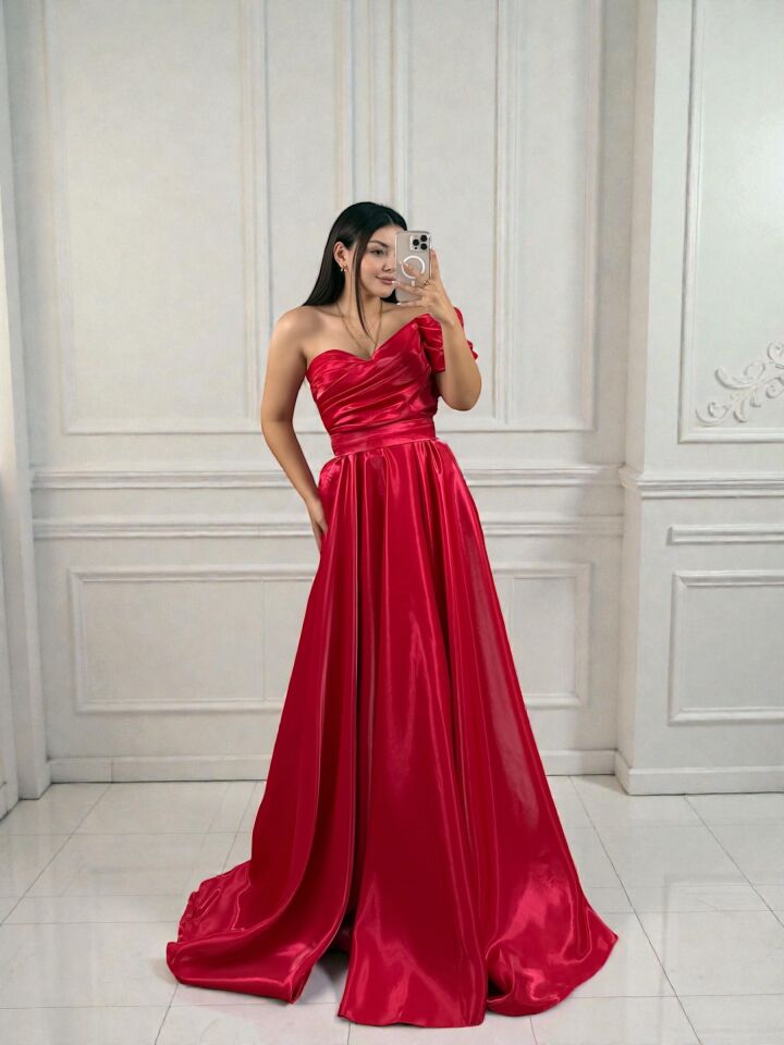 Galya Tek Kol Saten Parlak Kırmızı Abiye Elbise 42