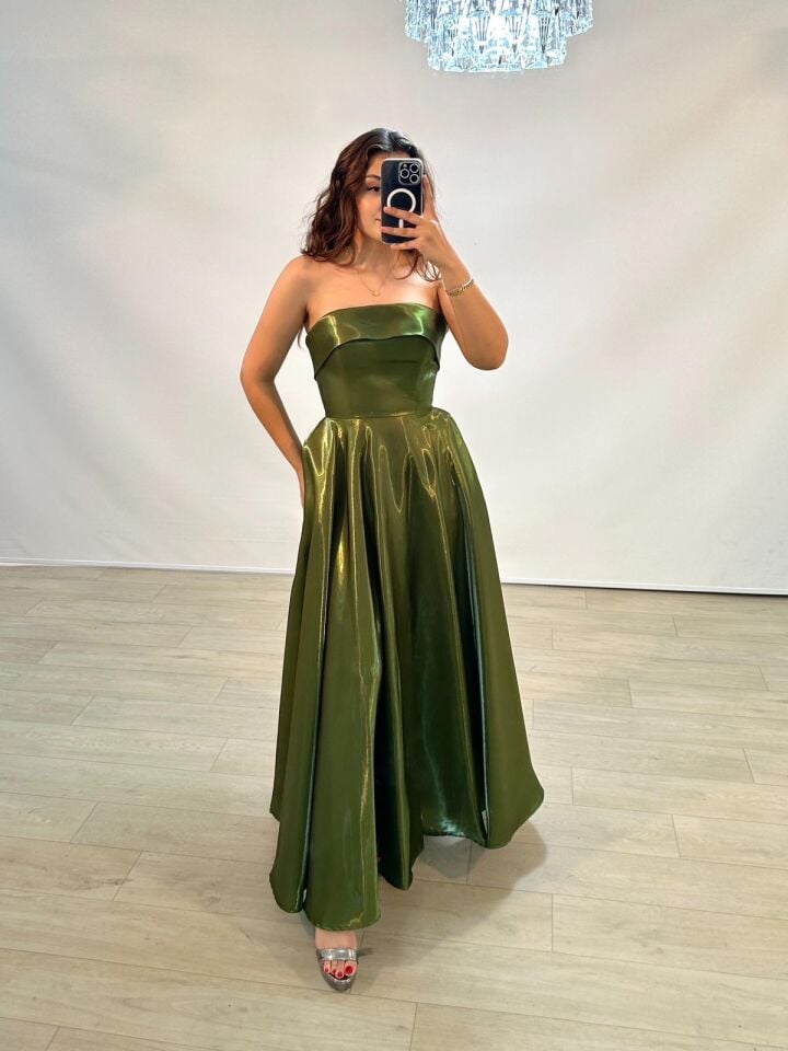Stella Hologram Saten Straplez Koyu Yeşil Renk Abiye Elbis 36