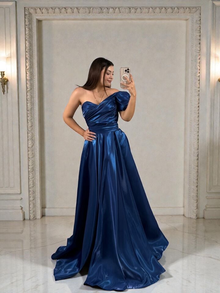 Galya Tek Kol Saten Parlak Saks Abiye Elbise 42