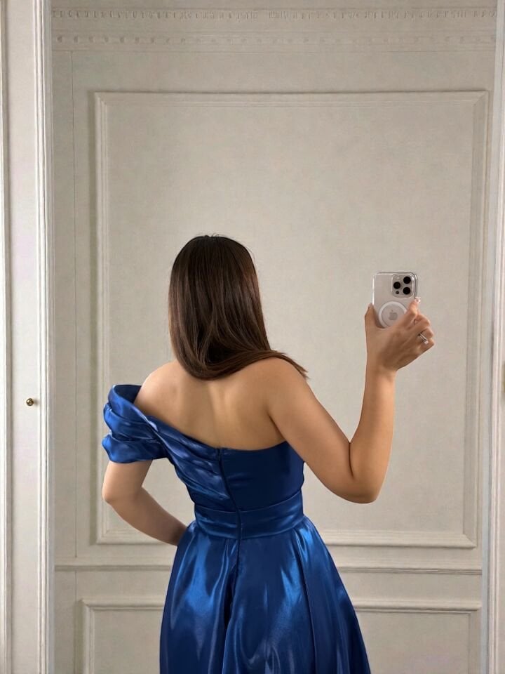 Galya Tek Kol Saten Parlak Saks Abiye Elbise 42