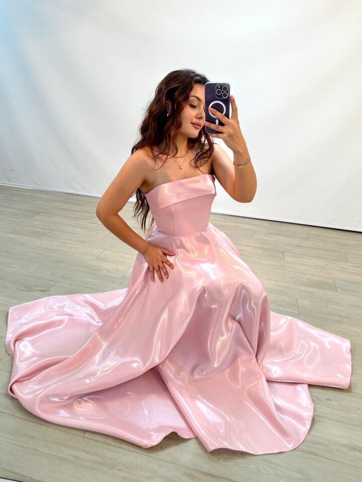 Stella Hologram Saten Straplez Soft Pembe Renk Abiye Elbise 36