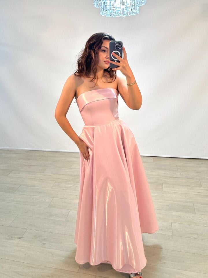 Stella Hologram Saten Straplez Soft Pembe Renk Abiye Elbise 38