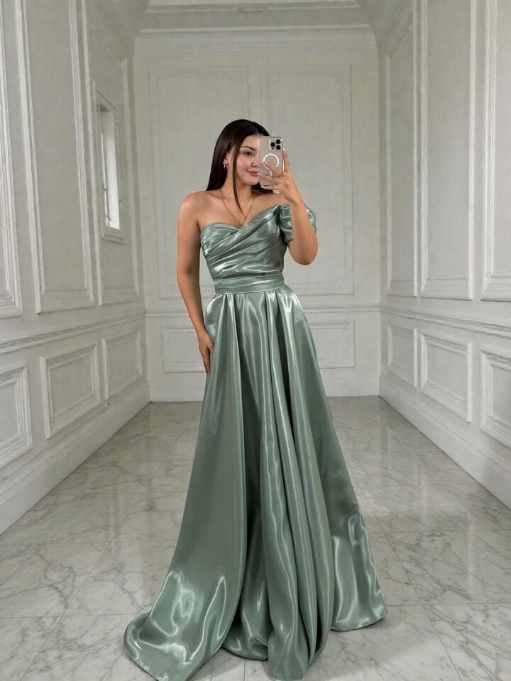 Galya Tek Kol Saten Parlak Mint Yeşili Abiye Elbise 40