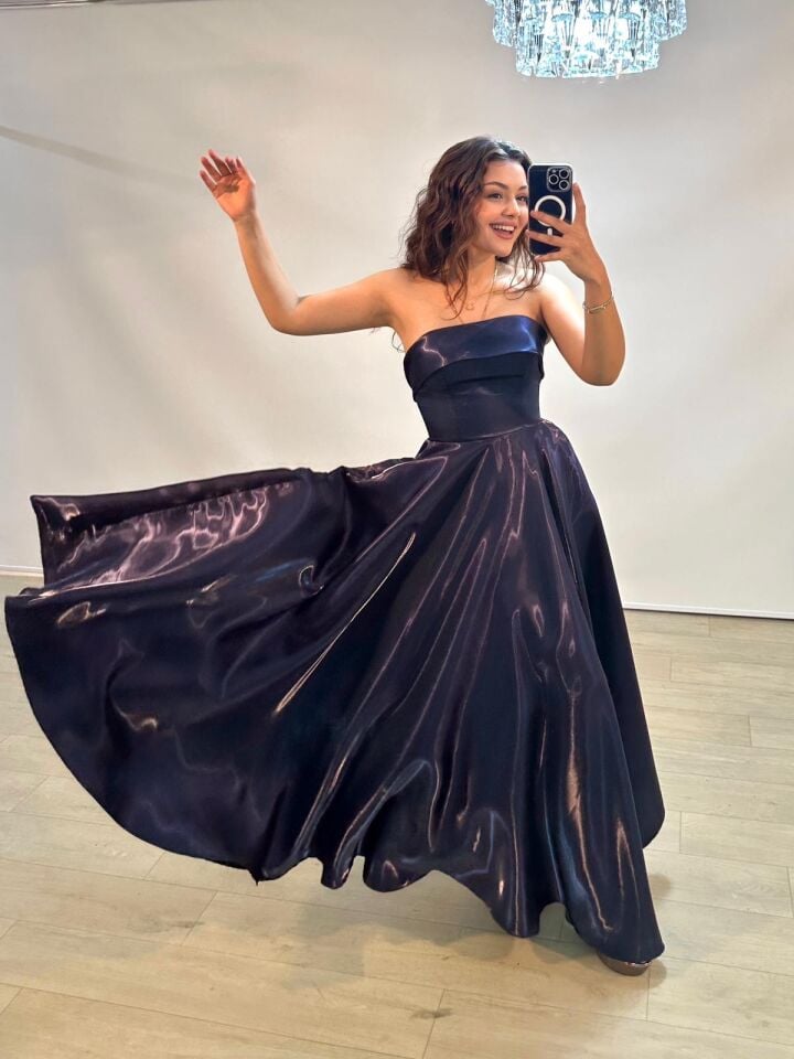 Stella Hologram Saten Straplez Lacivert Renk Abiye Elbise 38