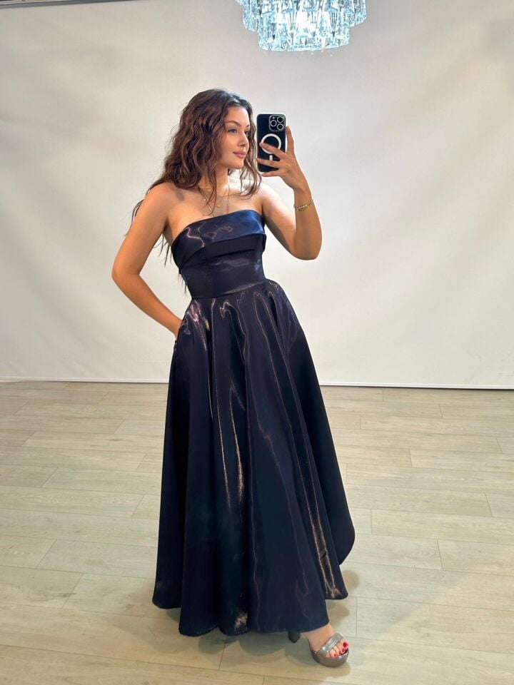 Stella Hologram Saten Straplez Lacivert Renk Abiye Elbise 36