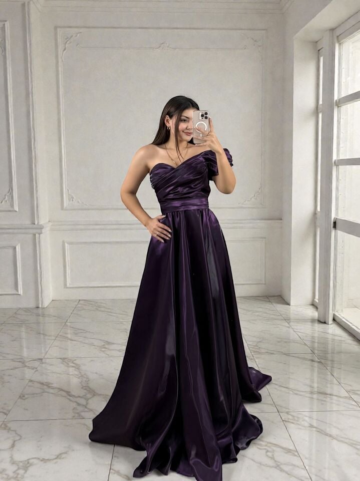 Galya Tek Kol Saten Parlak Mor Abiye Elbise 42