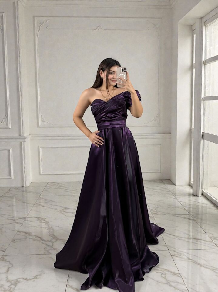 Galya Tek Kol Saten Parlak Mor Abiye Elbise 42