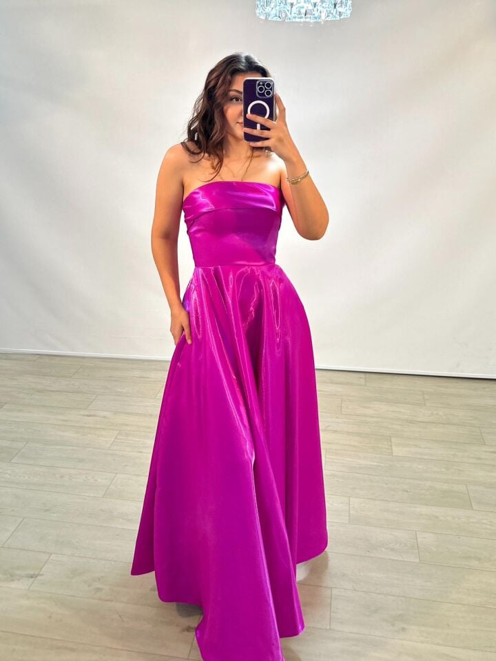 Stella Hologram Saten Straplez Fuşya Renk Abiye Elbise 44
