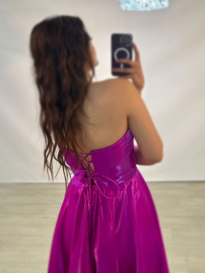 Stella Hologram Saten Straplez Fuşya Renk Abiye Elbise 44