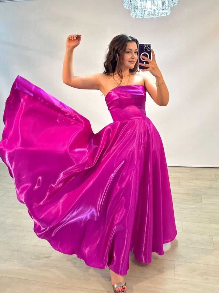 Stella Hologram Saten Straplez Fuşya Renk Abiye Elbise 42
