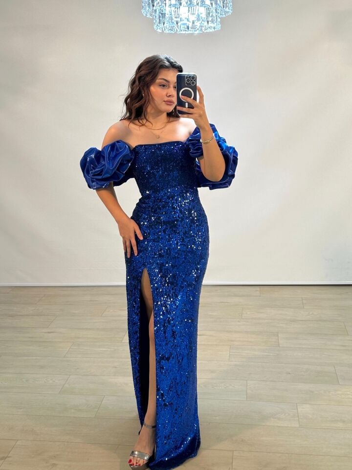 Azur Saten Kollu Full Payetli Yırtmaçlı Lacivert Abiye Elbise 42