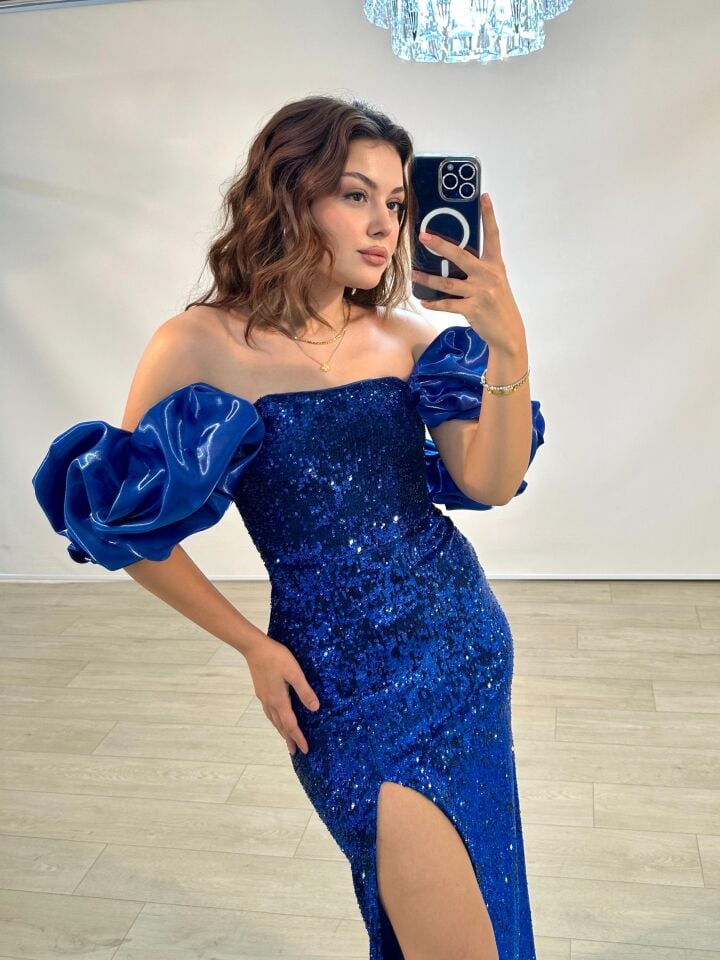 Azur Saten Kollu Full Payetli Yırtmaçlı Saks Abiye Elbise 38