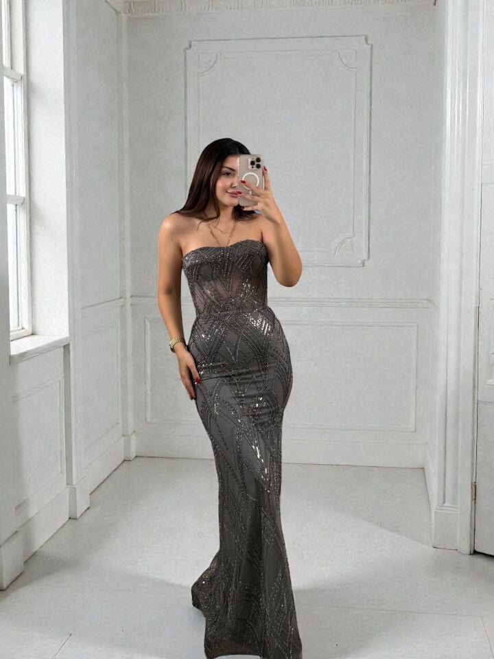 Calis Straplez Transparan Korse Detaylı Kül Rengi Balık Model Elbise 42