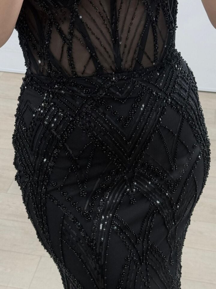 Calis Straplez Transparan Korse Detaylı Siyah Balık Model Elbise 36