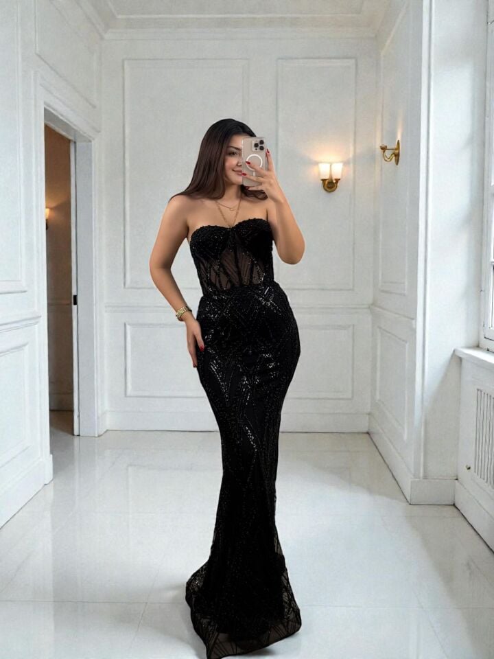 Calis Straplez Transparan Korse Detaylı Siyah Balık Model Elbise