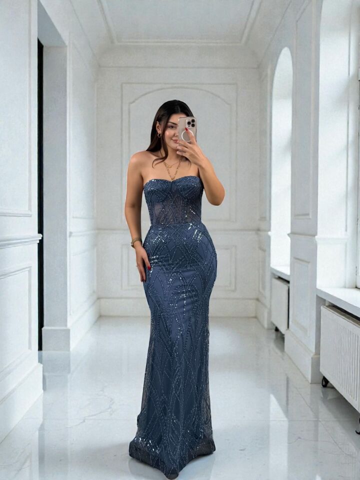 Calis Straplez Transparan Korse Detaylı İndigo Renk Balık Model Elbise