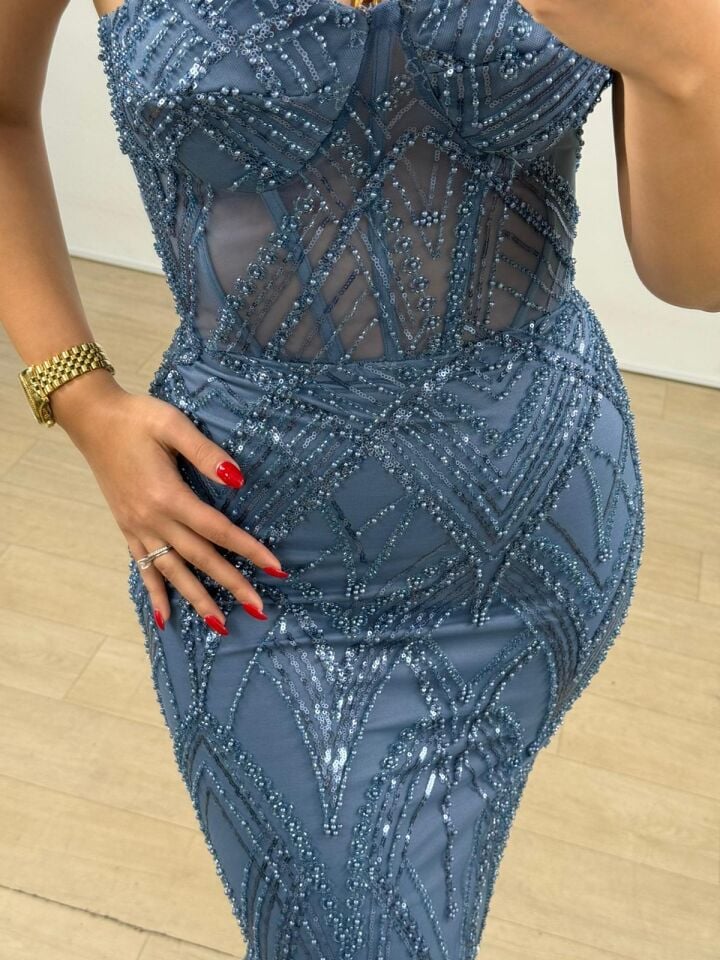 Calis Straplez Transparan Korse Detaylı İndigo Renk Balık Model Elbise 36