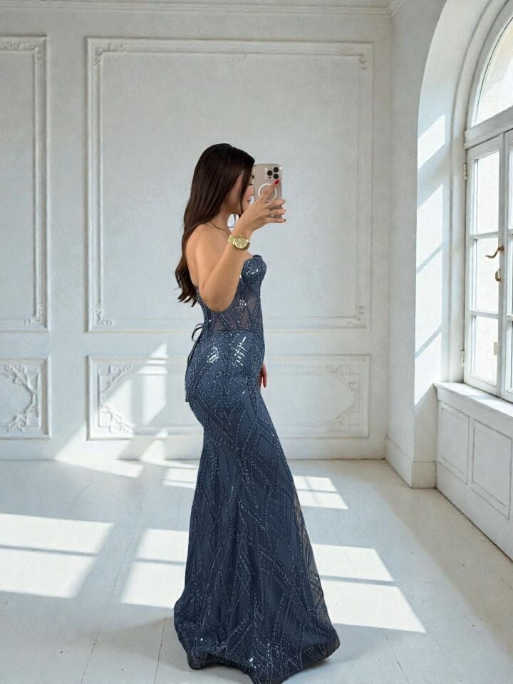 Calis Straplez Transparan Korse Detaylı İndigo Renk Balık Model Elbise 40