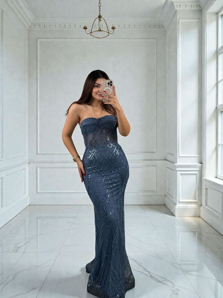 Calis Straplez Transparan Korse Detaylı İndigo Renk Balık Model Elbise 40