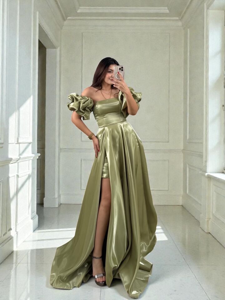 Nora Balon Kollu Parlak Saten Yırtmaçlı Su Yeşili Abiye Elbise 38