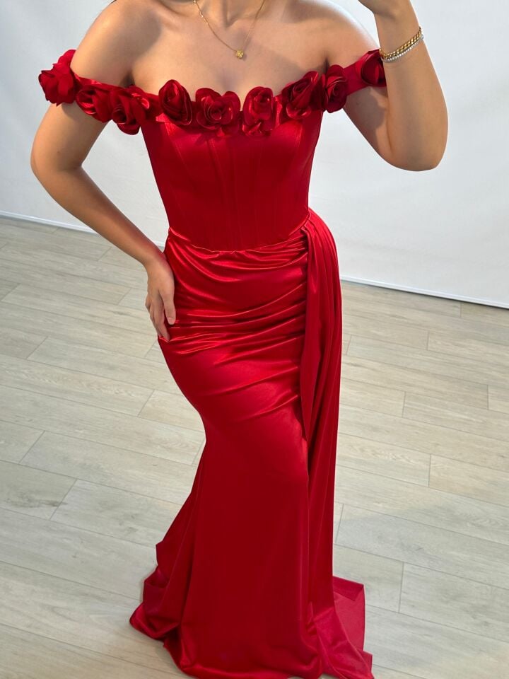 Daisy Çiçek Detaylı Saten Korseli Kırmızı Balık Model Abiye Elbise 36