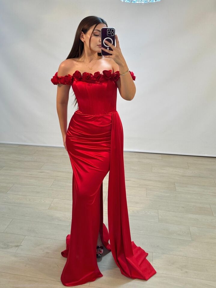 Daisy Çiçek Detaylı Saten Korseli Kırmızı Balık Model Abiye Elbise 36
